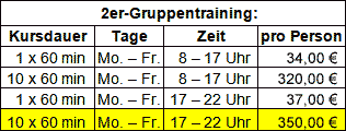 Preise 2er-Gruppentraining