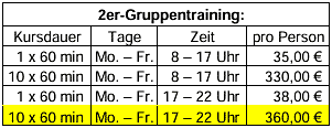 Preise 2er-Gruppentraining